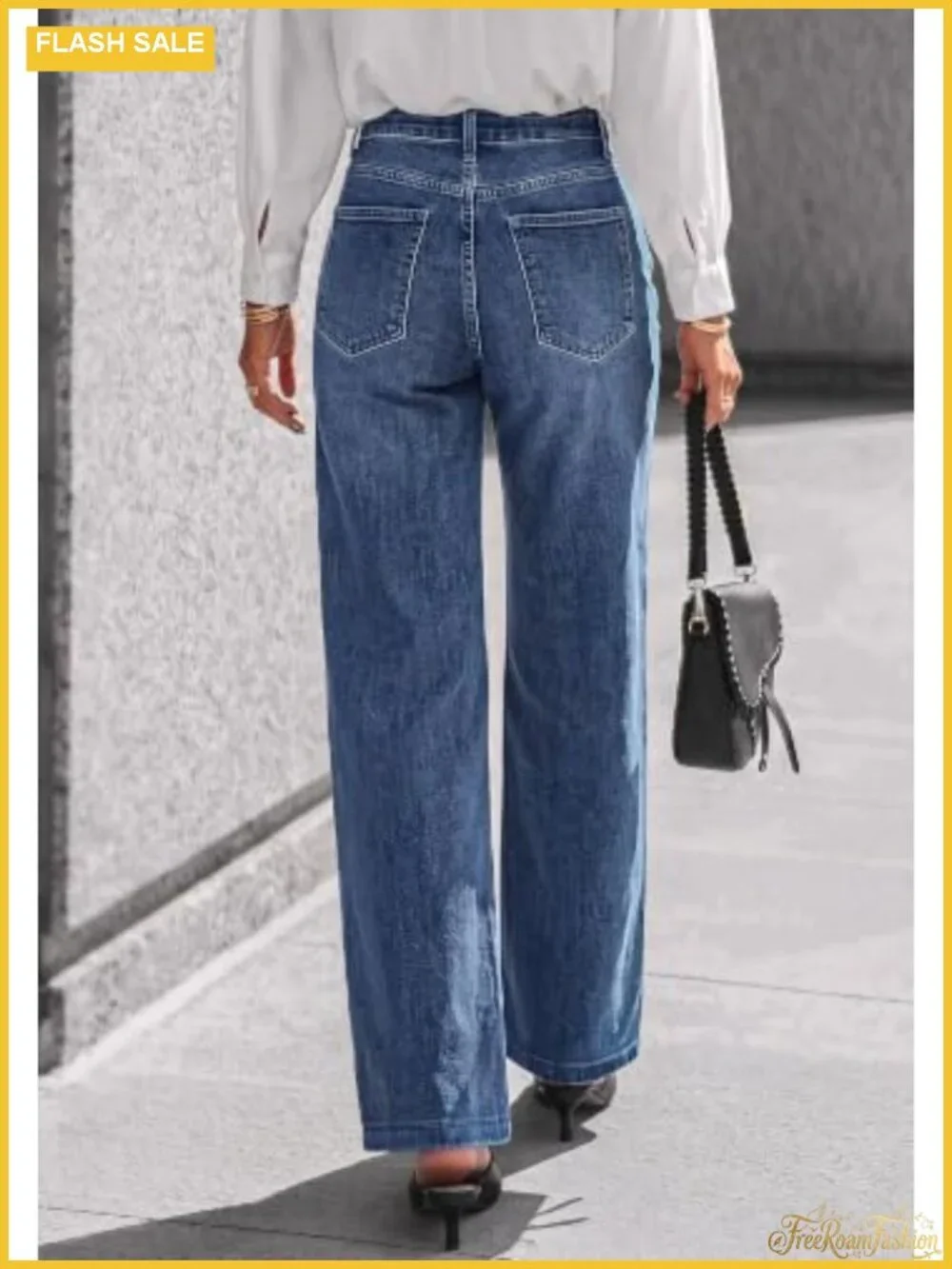 High Waisted Wide Straight Leg Stretch Denim Jeans Front Seam